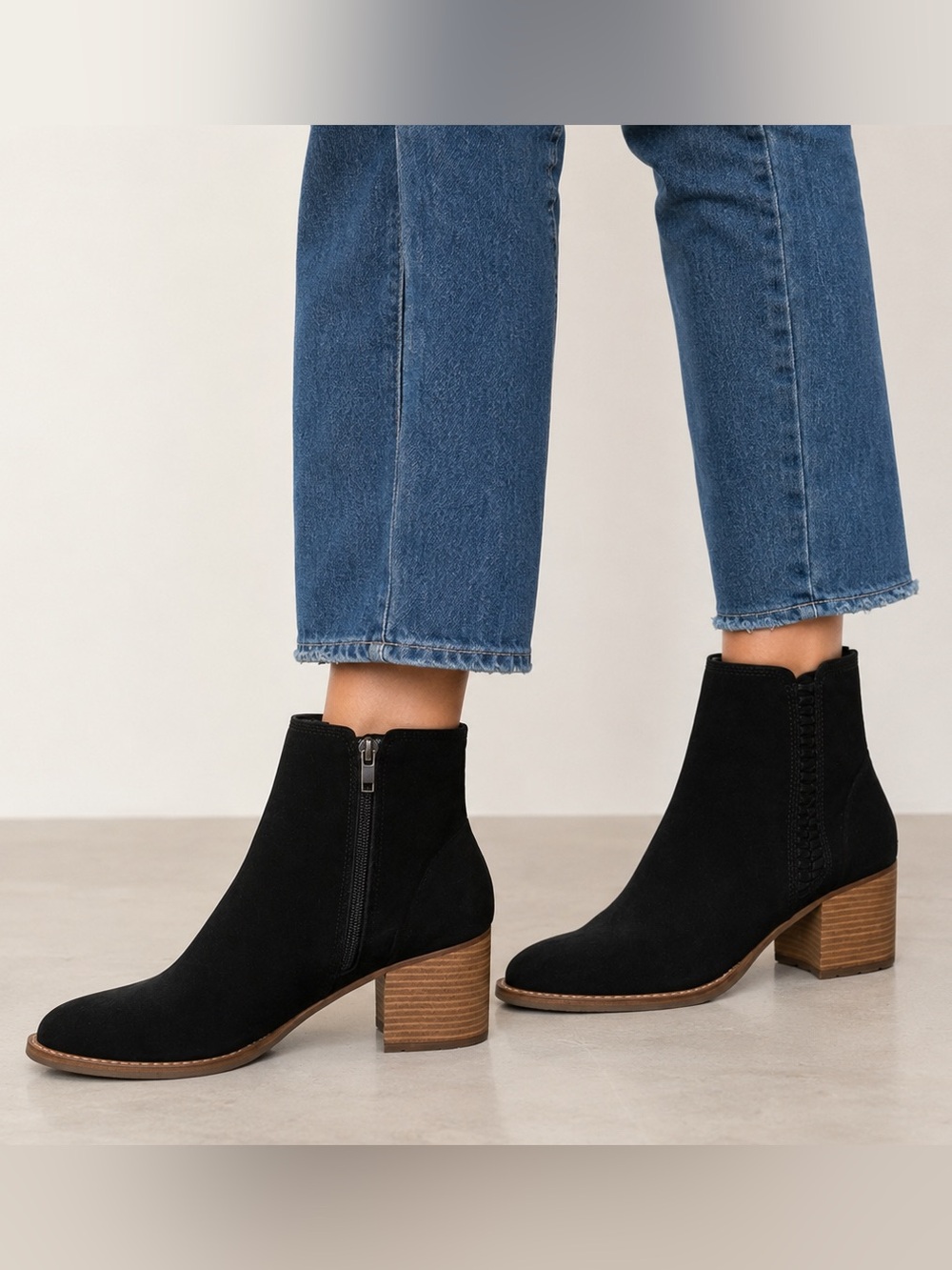Black Suede Ankle Boots Block Heel Side Zip Western Inspired Booties Waterproof